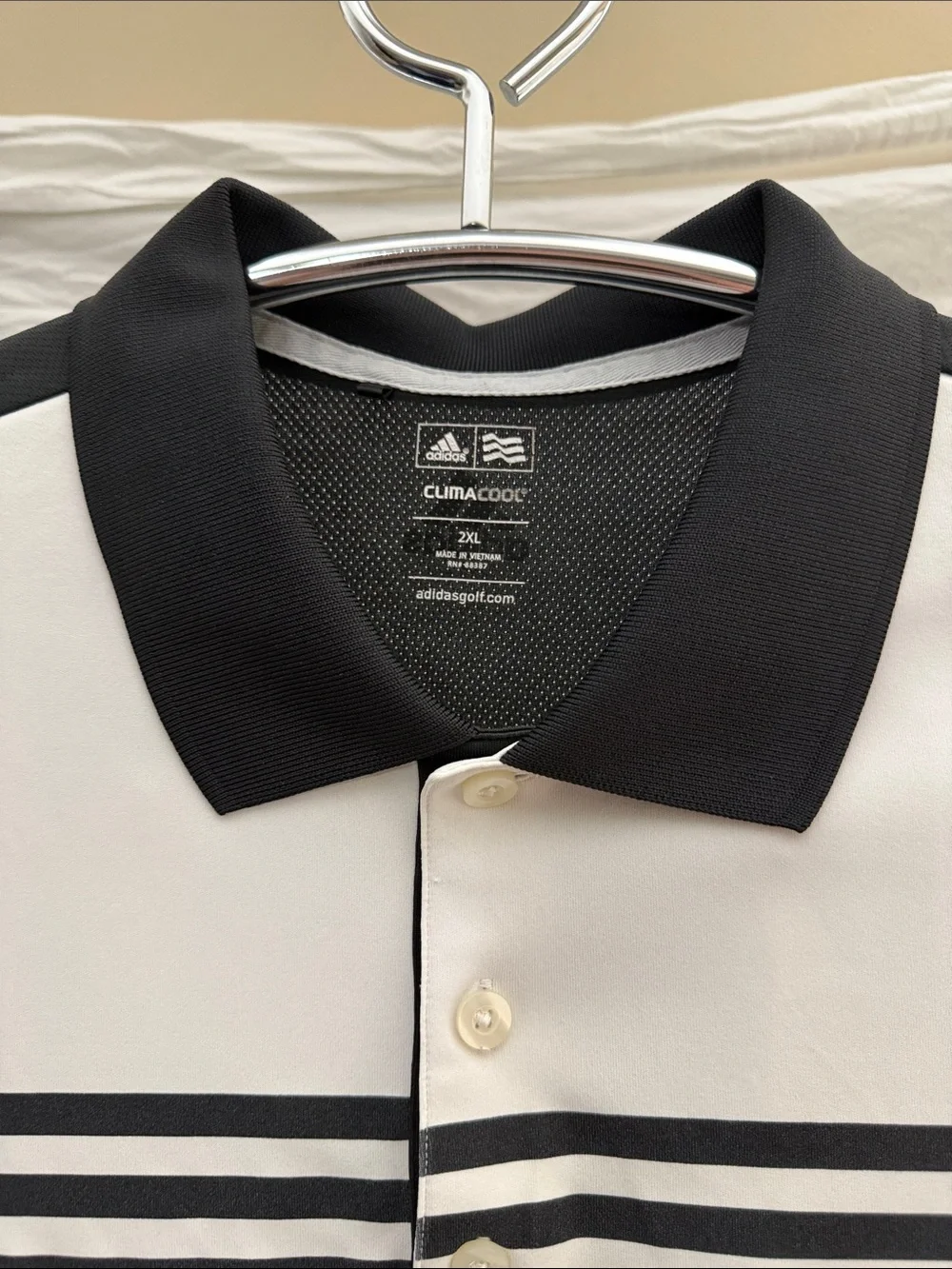 adidas White and Black Striped Golf Polo